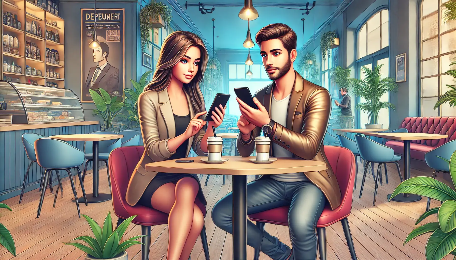 Two adults, a man and a woman, using dating apps on their smartphones in a vibrant coffee shop setting.