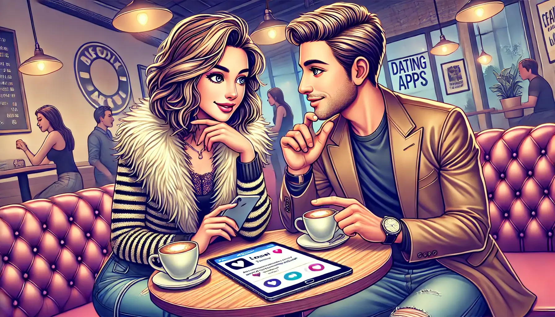 Two adults using a dating app in a stylish coffee shop setting.