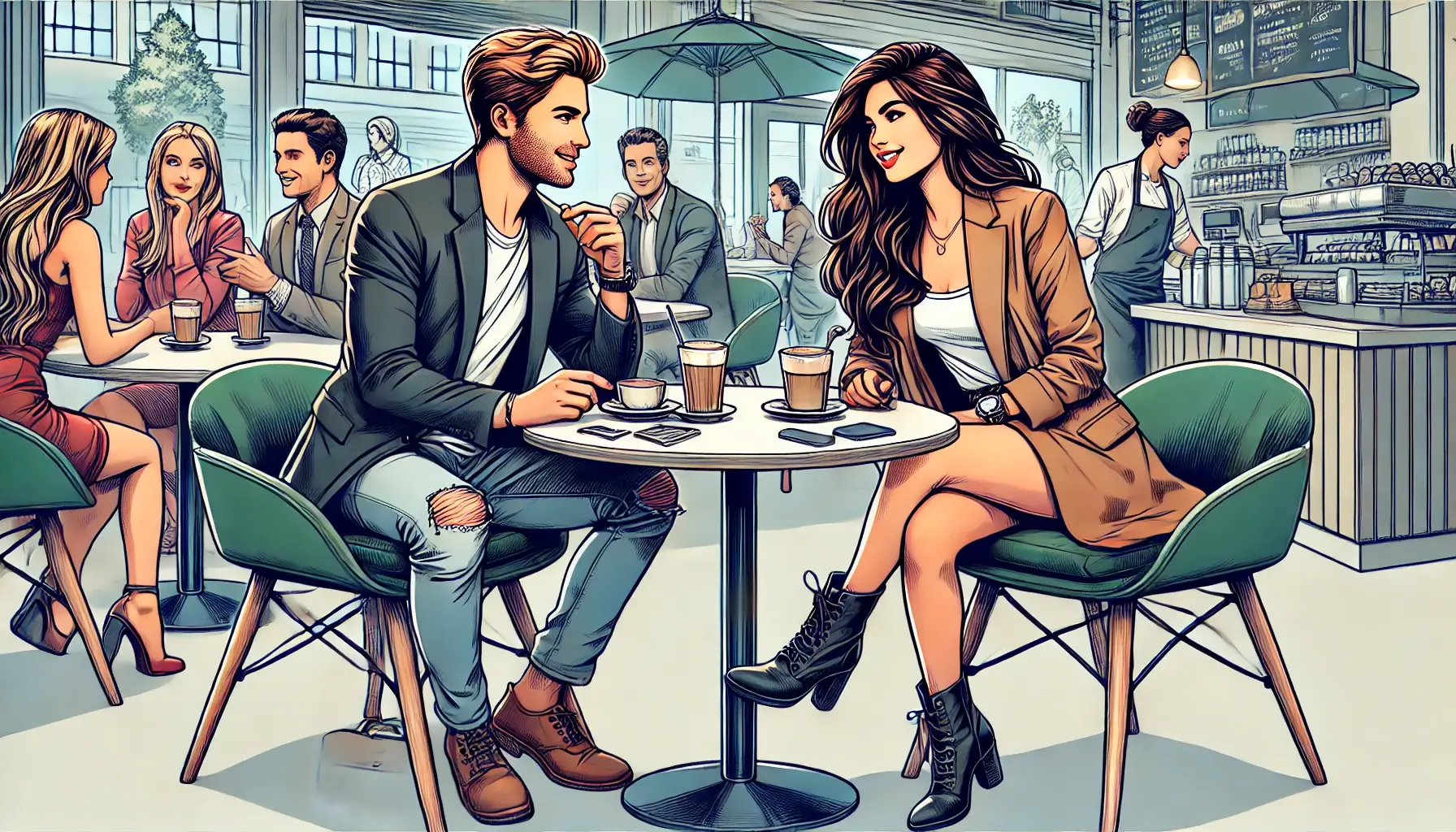 Two adults, a man and a woman, in a stylish coffee shop setting, appearing to be enjoying a casual hangout.