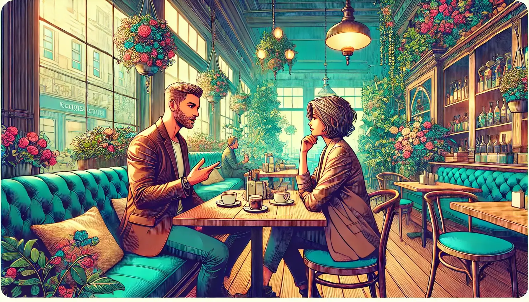 Two adults having a heartfelt conversation in a vibrant cafe, depicted in a hyper-realistic cartoon style.