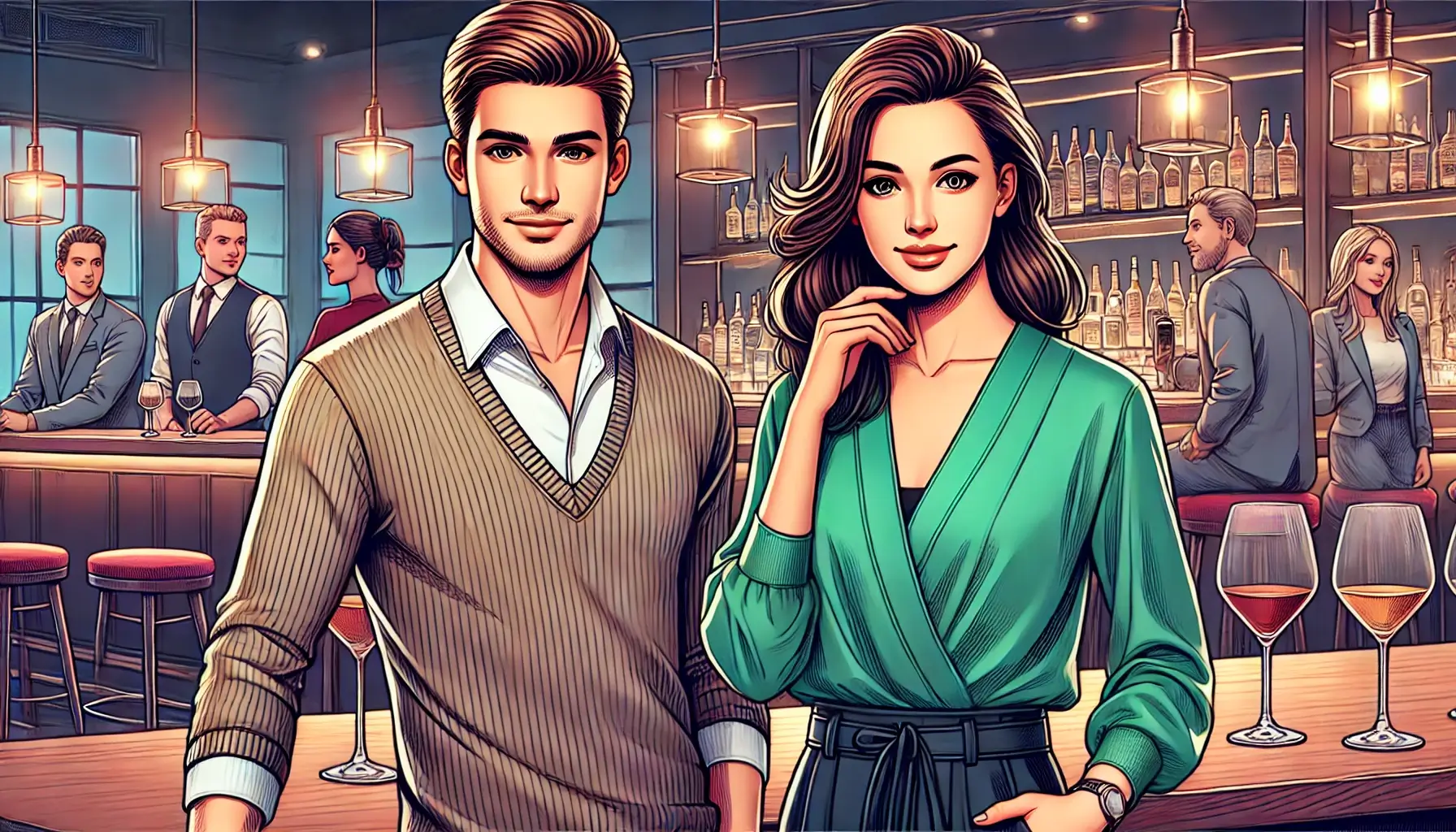 A woman in a green blouse and a man in a sweater at a chic bar.