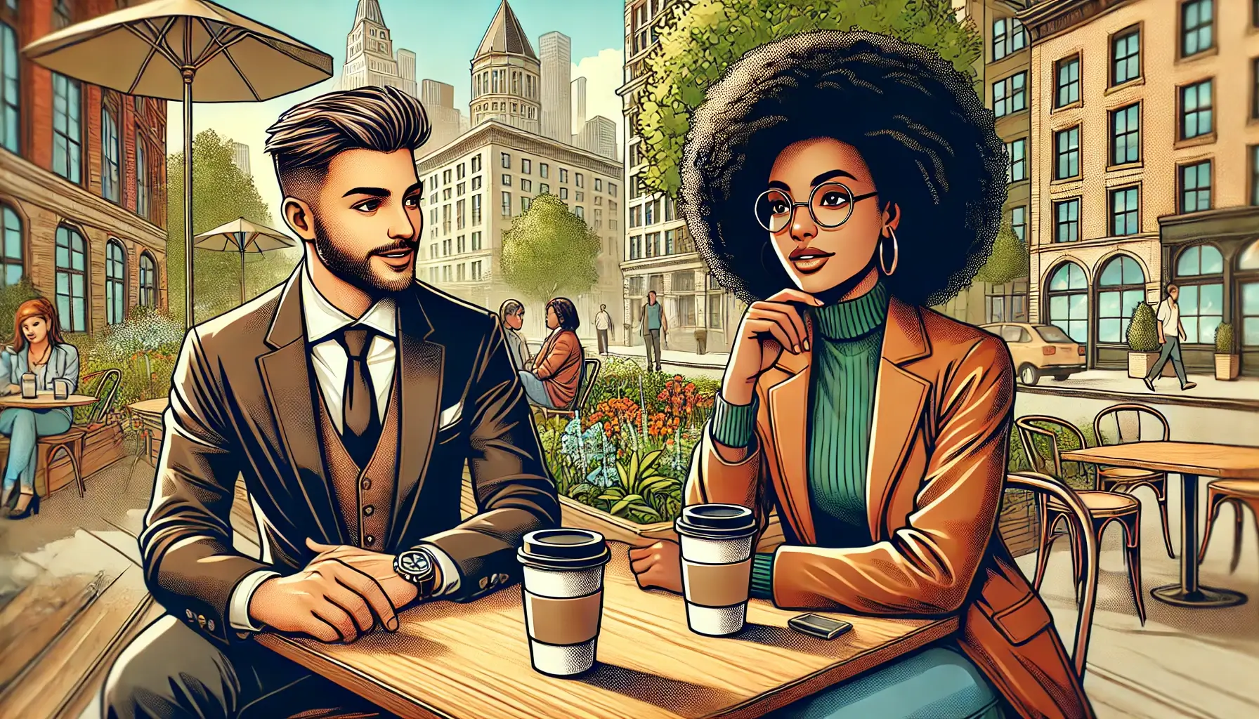 Two adults having a coffee conversation in a park, showcasing a modern, stylish look.