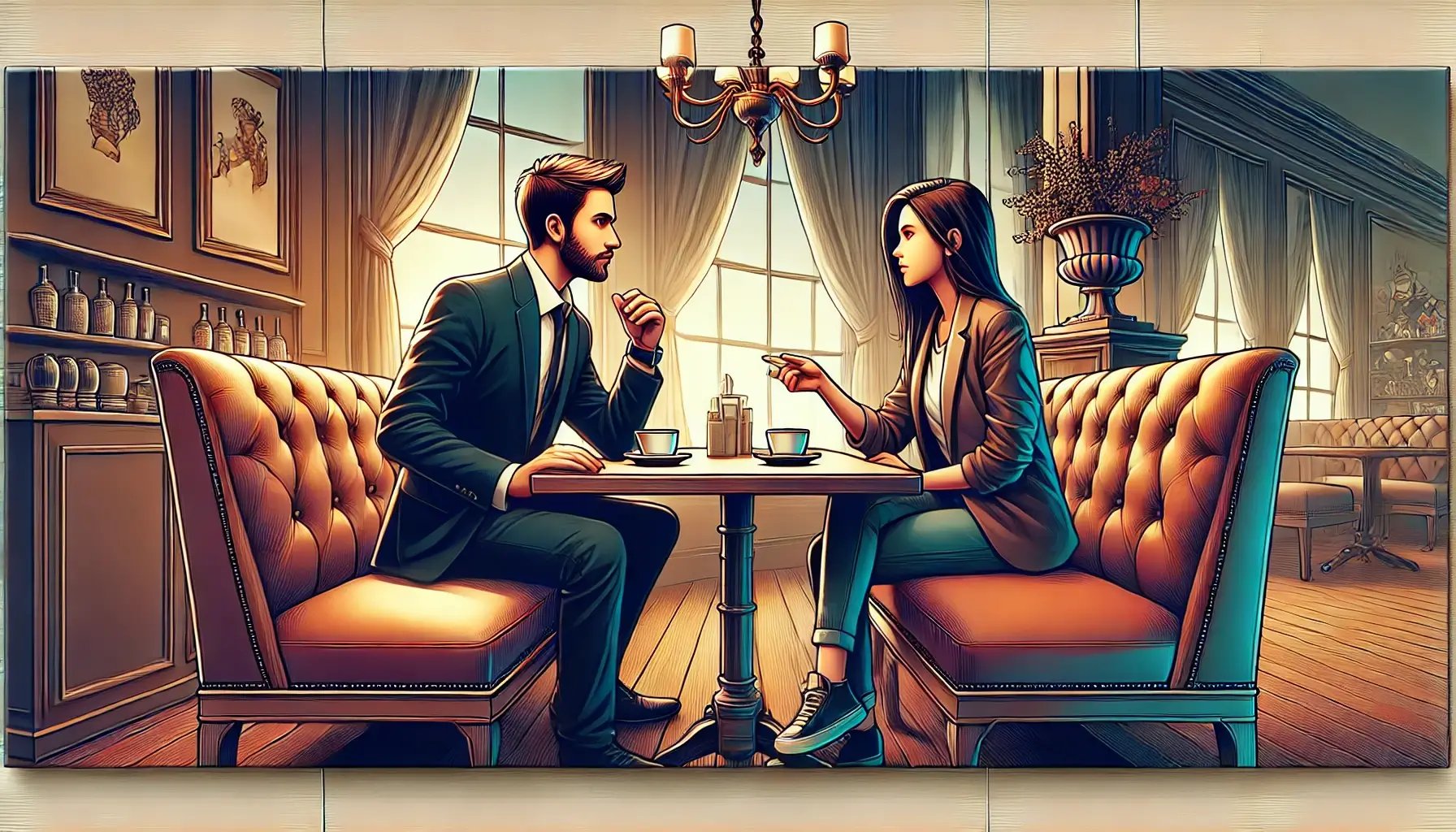 Two adults having a conversation in a stylish cafe, reflecting a modern dating scene.