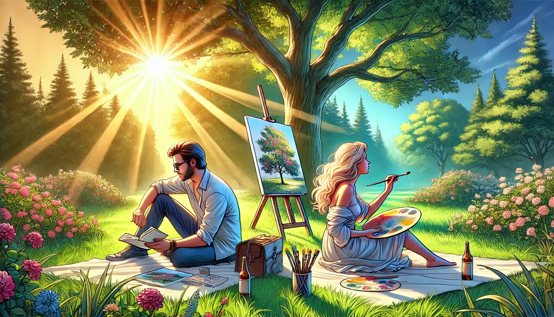 A man reading under a tree and a woman painting in a park, both enjoying time alone.