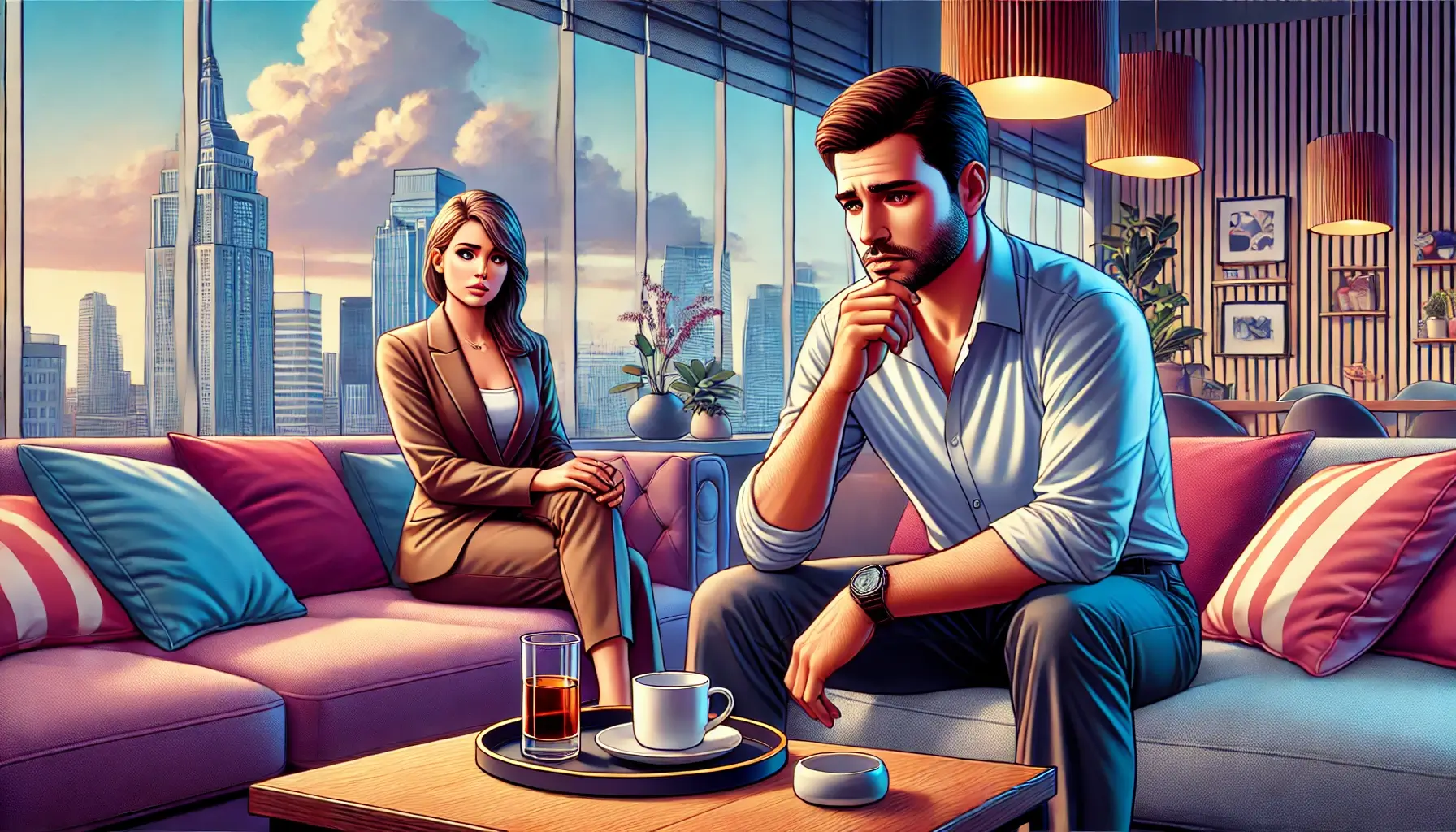 A man and a woman sitting. The man appears contemplative and the woman shows empathy, set against a modern cityscape.