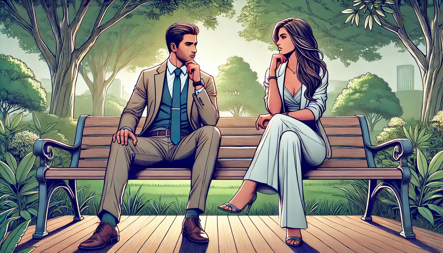 Two adults, a man and a woman, sitting on a park bench, deeply engaged in a supportive conversation amidst a serene park setting.