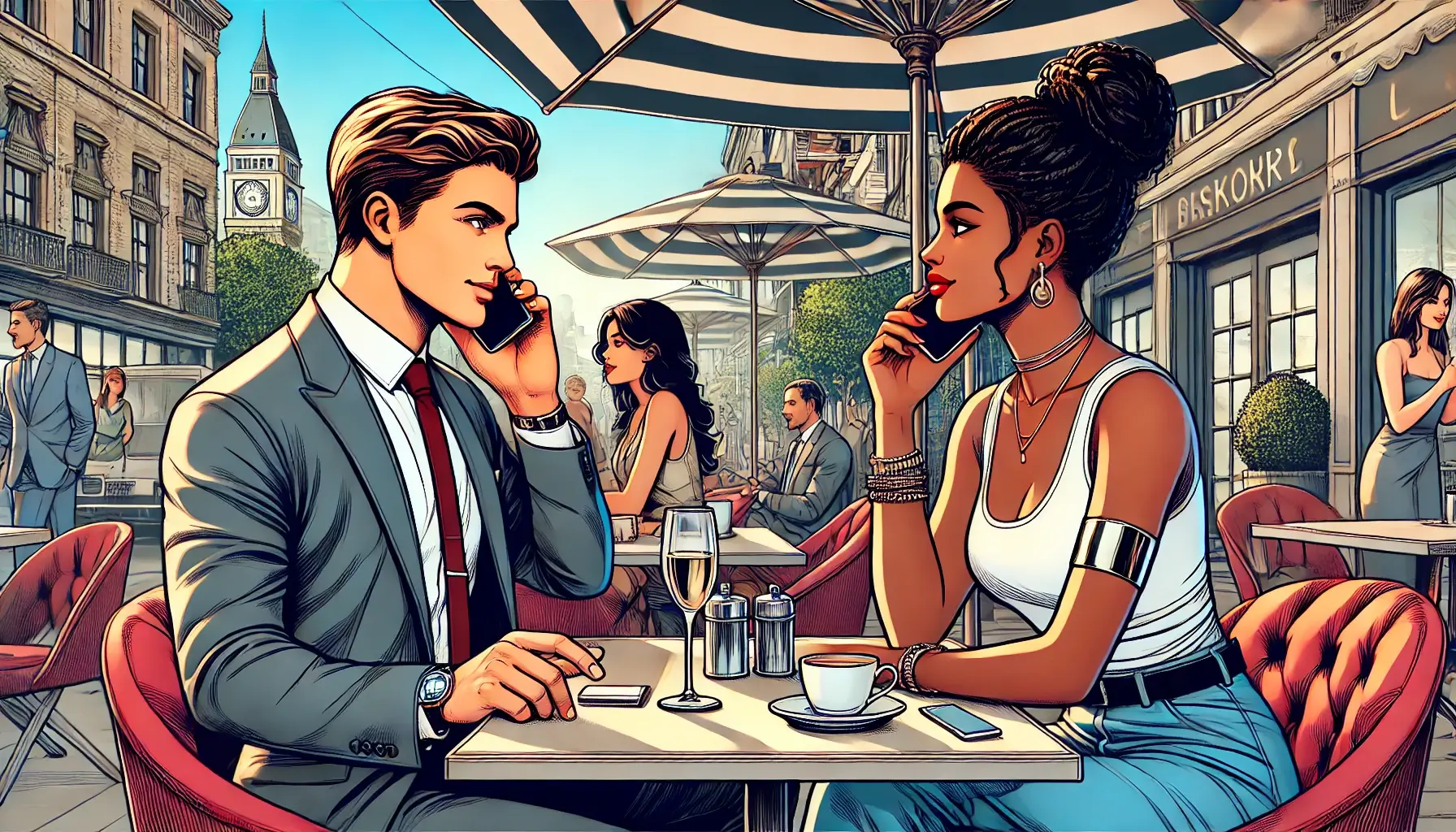 Two adults enjoying a vibrant café setting, deeply engaged in conversation.