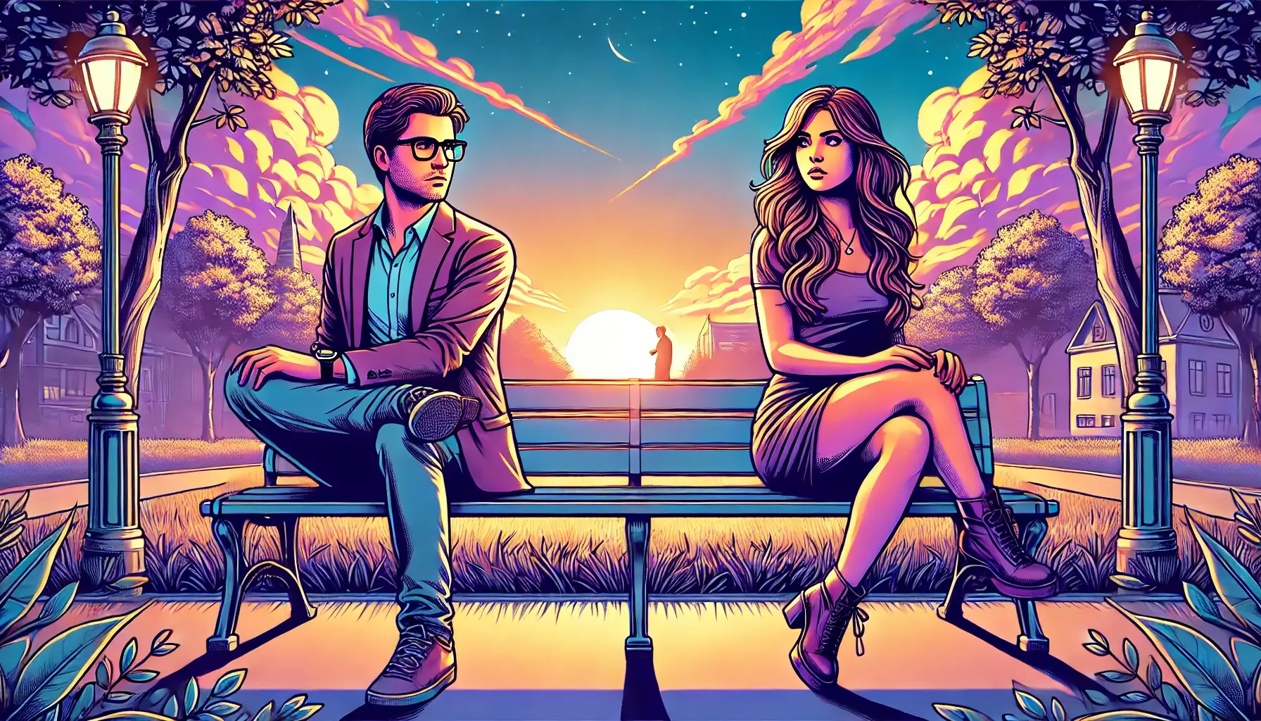 A reflective scene of two adults sitting apart on a park bench during sunset, in a vivid, cartoon-style park setting.