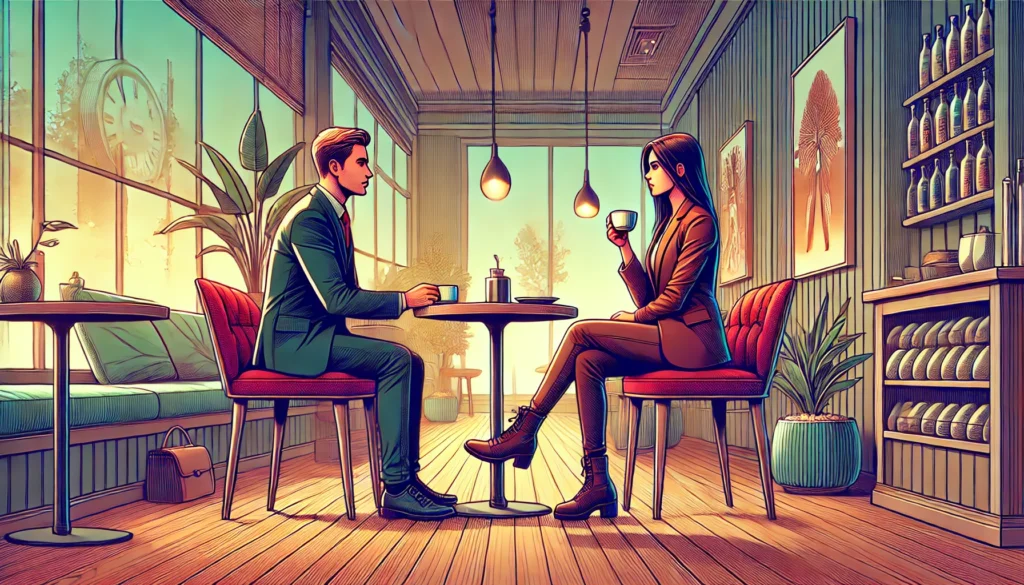 Two adults having a quiet coffee date in a cozy shop.