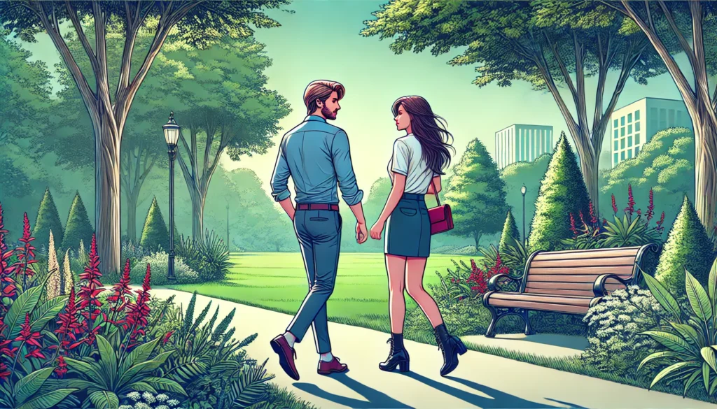 Two adults on a peaceful first date in a park, ideal for introverts.