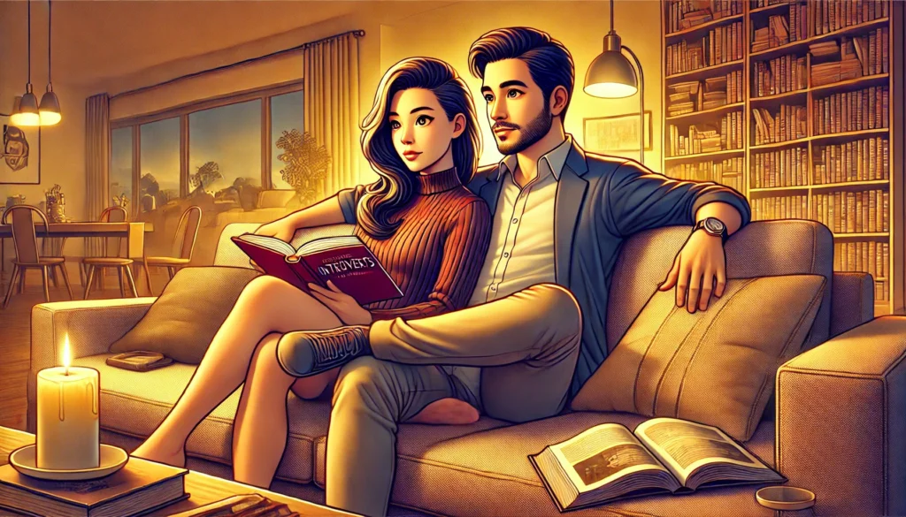 Two introverts enjoy a quiet date indoors, watching a movie together in a cozy setting.