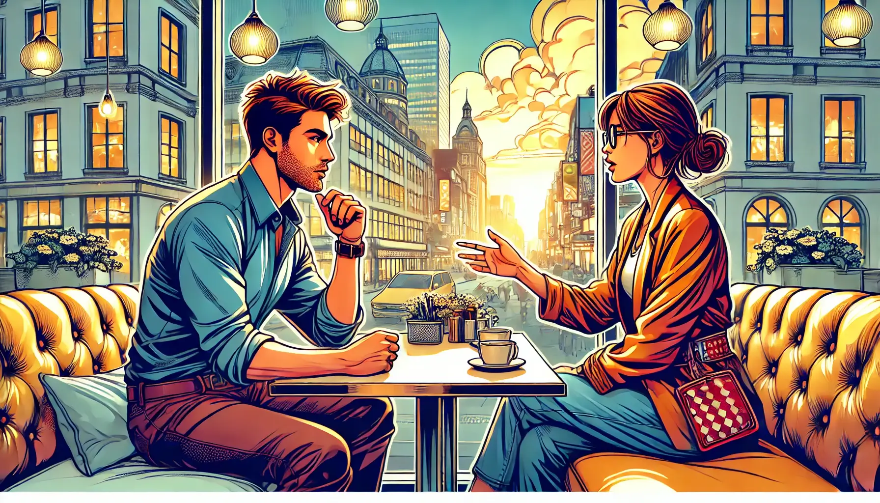 Two adults in a deep conversation at a cozy café, depicted in a hyper-realistic cartoon style.