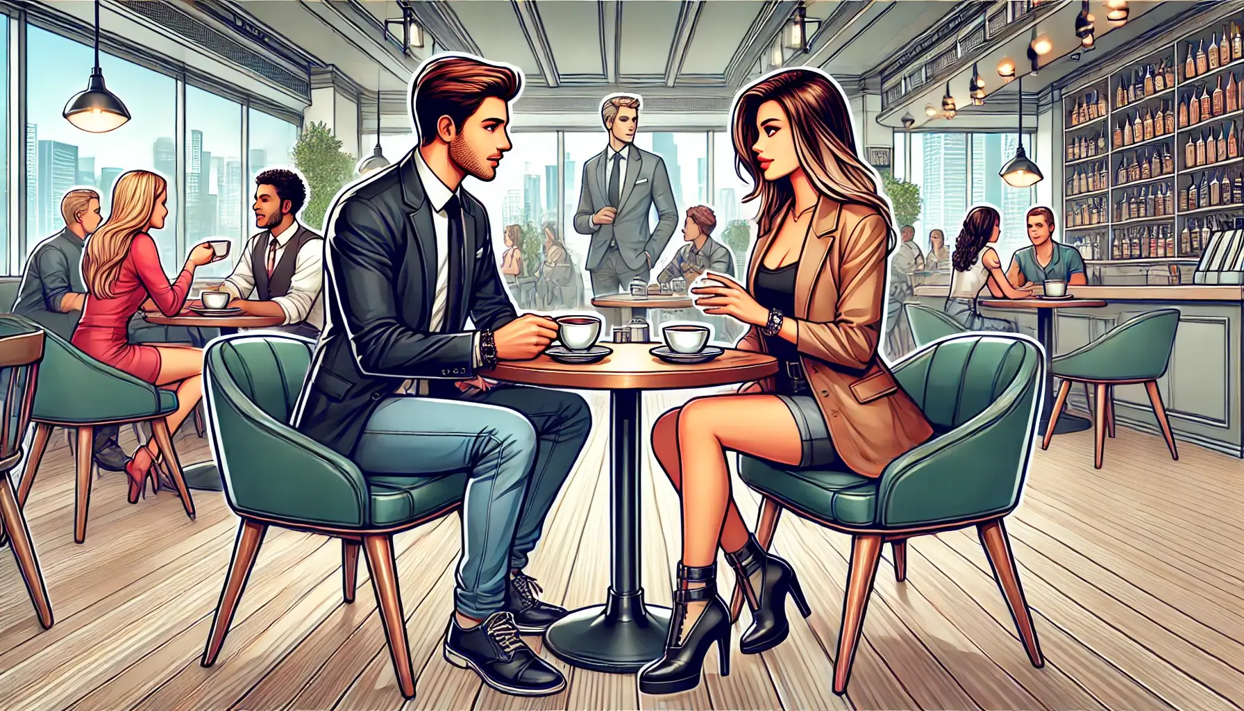 Two adults on their first date in a stylish urban café, depicted in a hyper-realistic cartoon style.