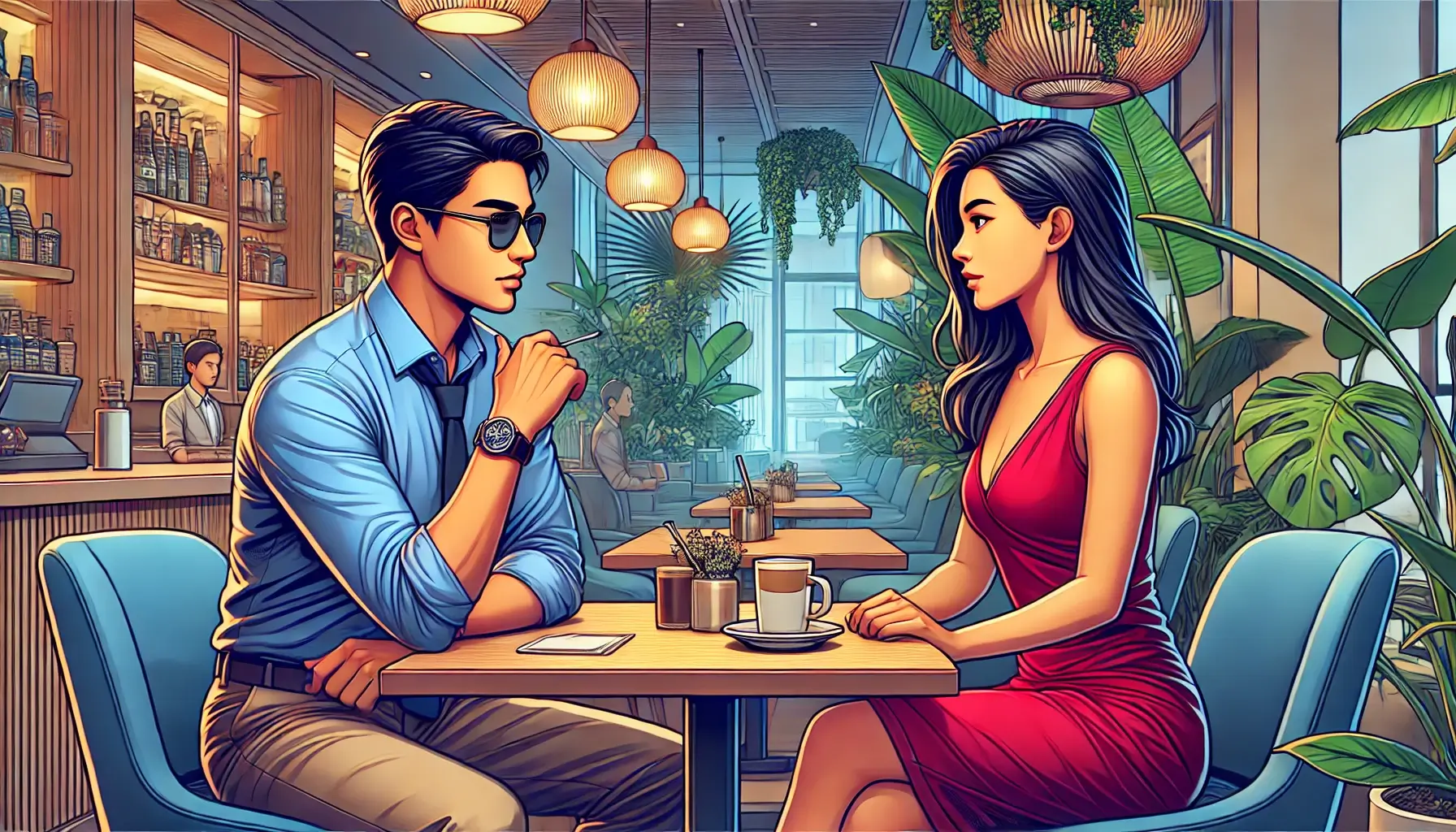 A man and a woman having a conversation in a stylish cafe.