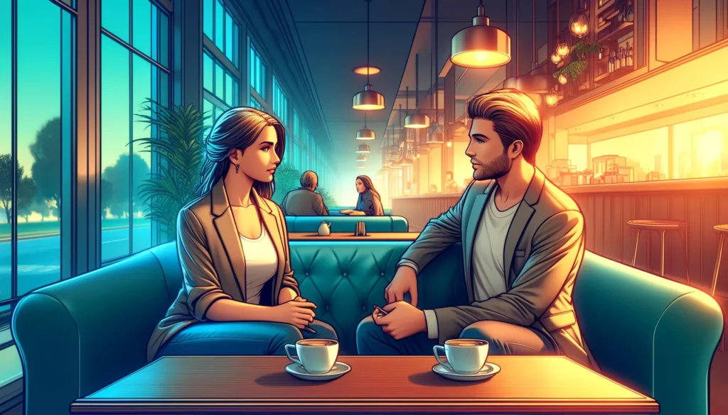 Two people talking quietly in a coffee shop.