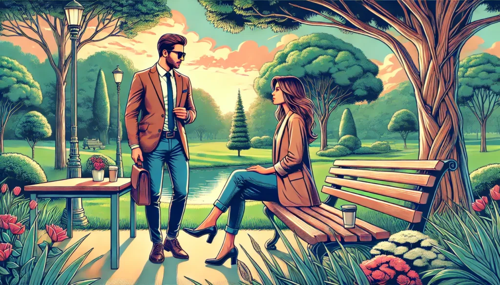 A man and a woman on a quiet date in a park, talking and enjoying the peaceful setting.