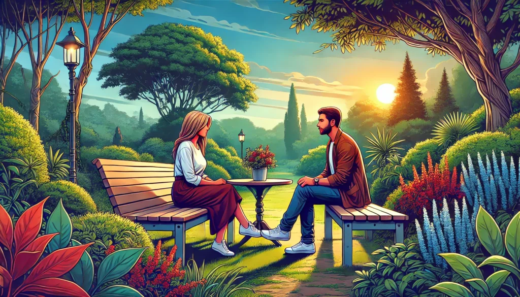 Two introverts on a quiet date in a park, deeply engaged in conversation, showcasing a serene environment.