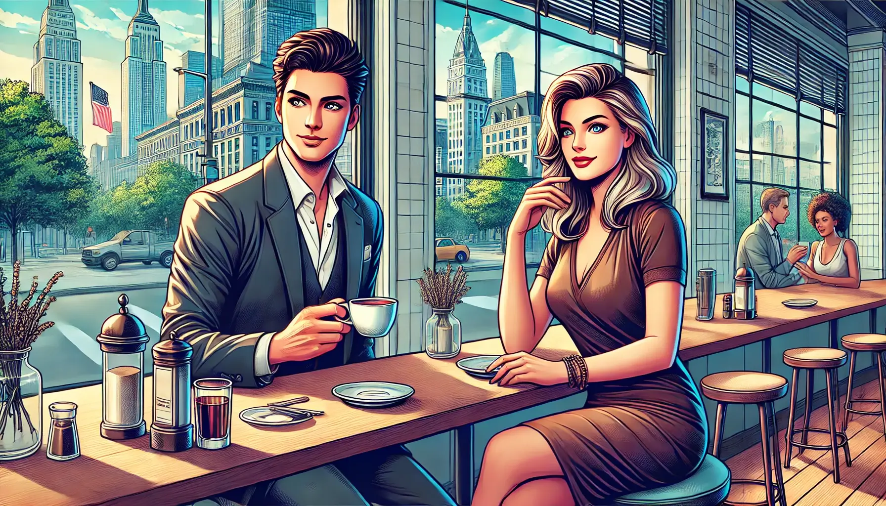 Two adults having a relaxed conversation in a stylish cafe, man in a blazer and woman in a chic dress.