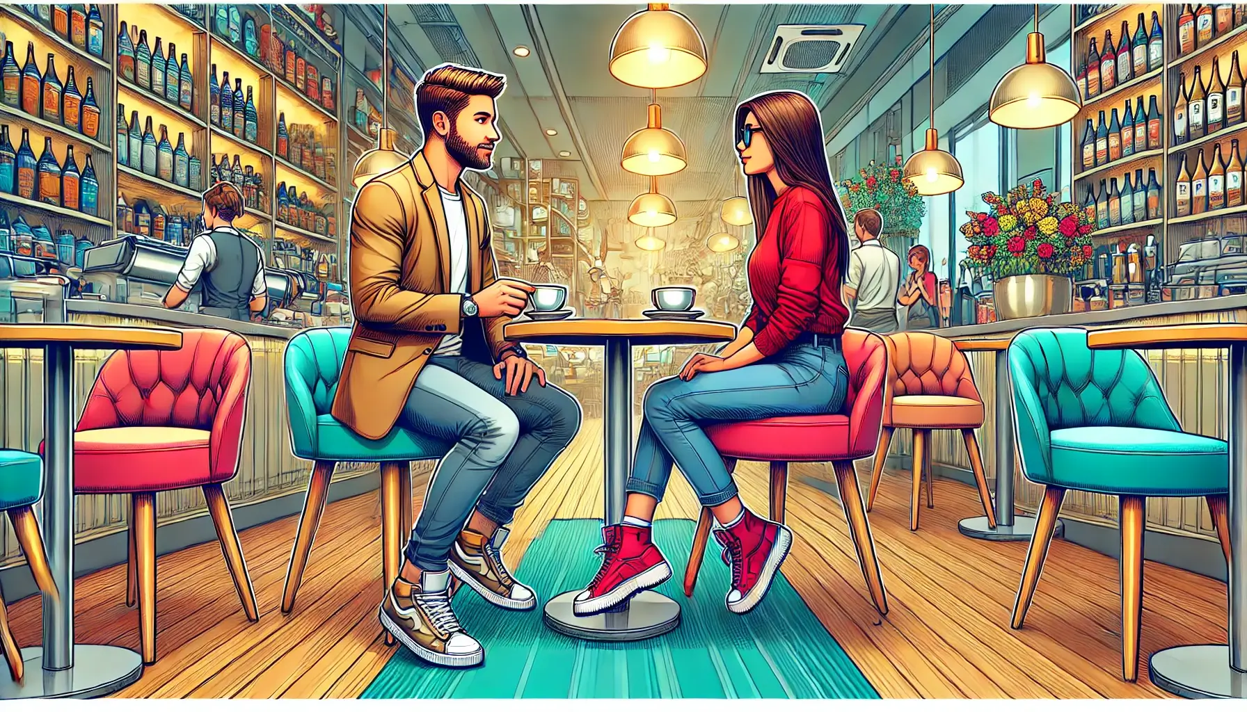 Two adults in a stylish cafe, engaged in conversation, depicting modern dating life.