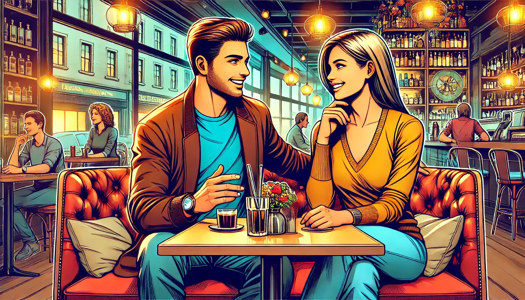 Two adults talking in a coffee shop. The woman and the man are smiling. They are sitting at a table. The coffee shop looks nice and modern.