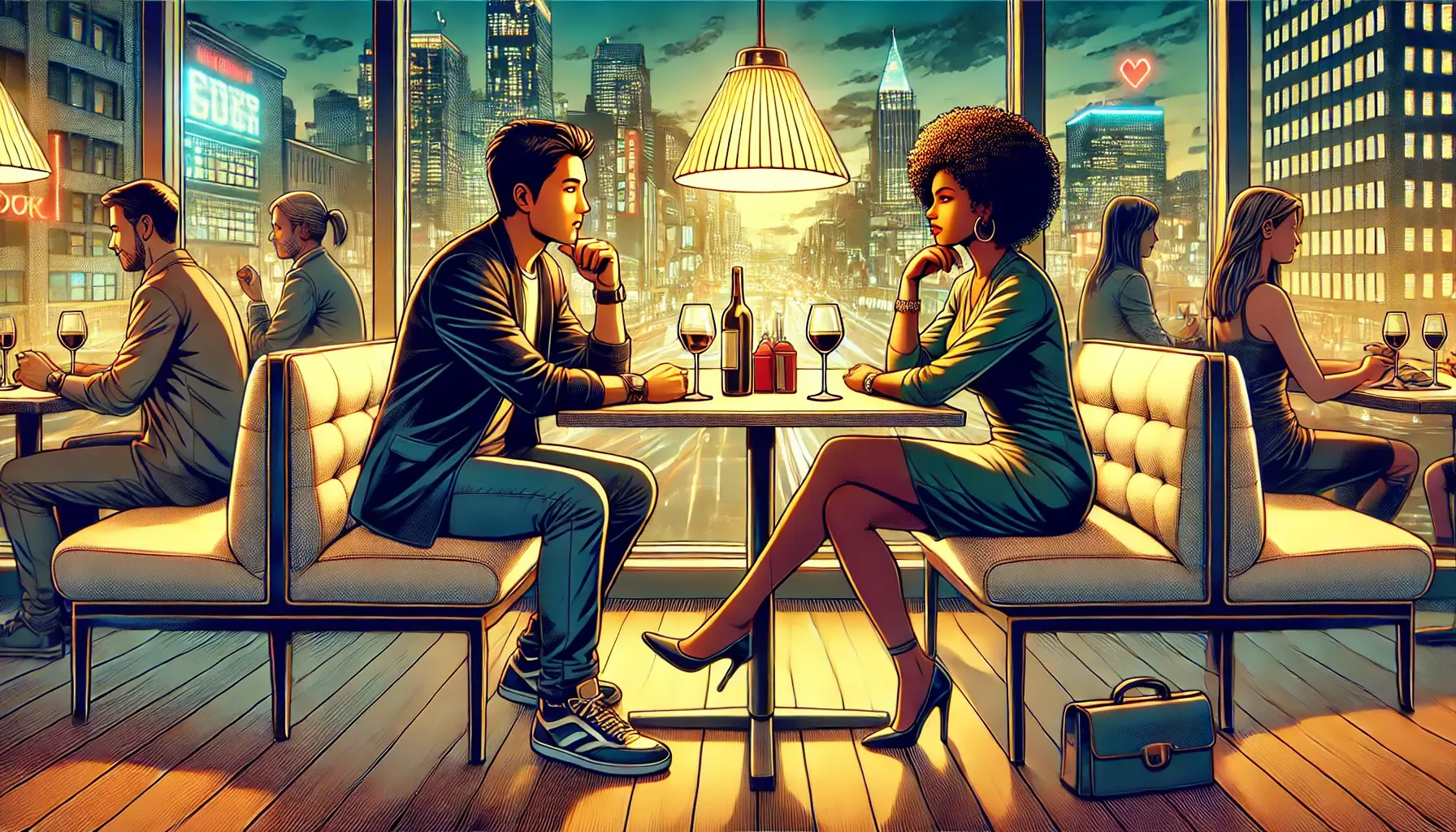 Two adults on a date at a cafe, with a city view outside the window.