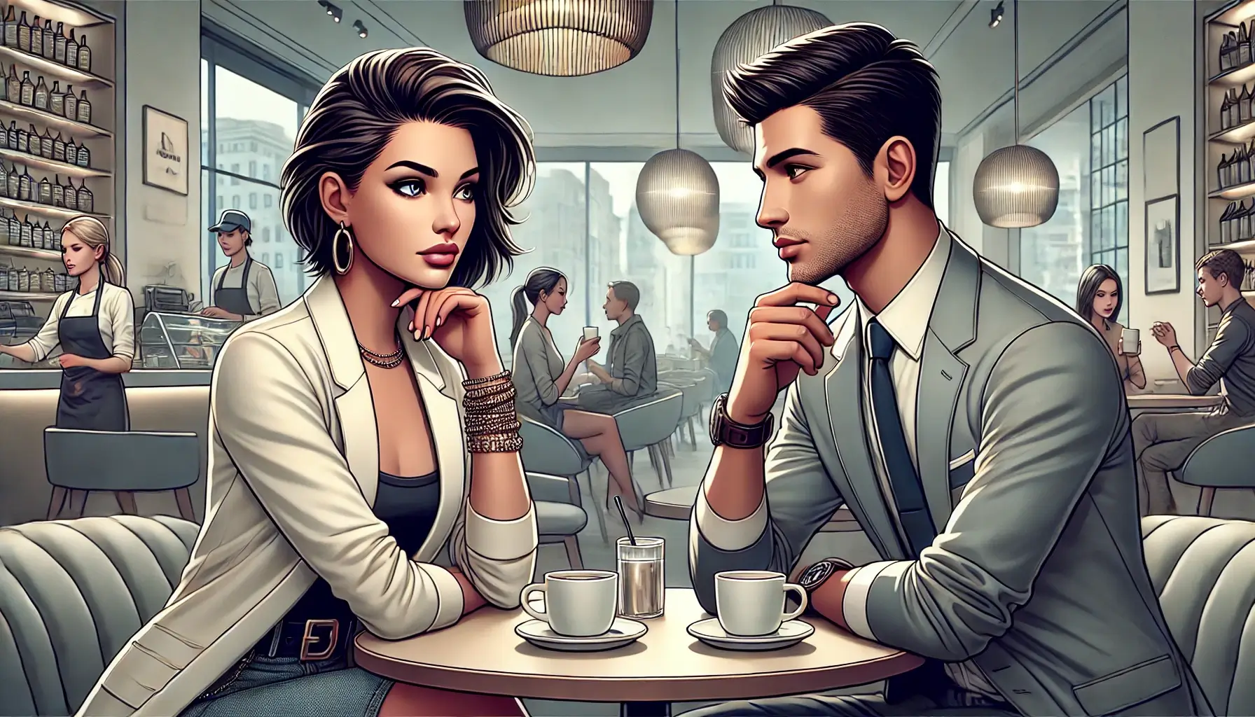 Two adults engaged in a conversation at a stylish café, depicting modern dating dynamics.