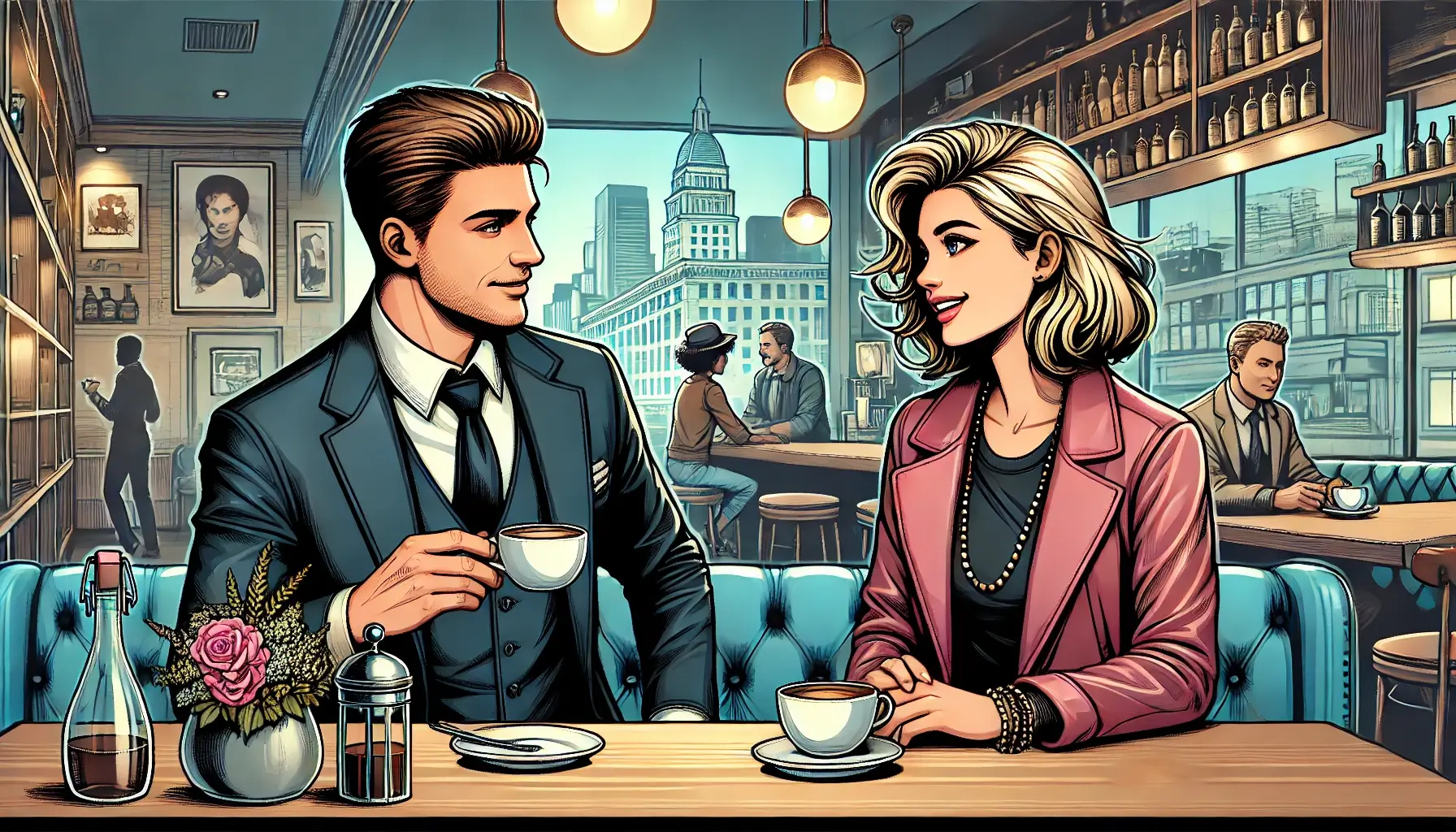 Two adults engaging in a friendly conversation in a vibrant coffee shop, depicted in a stylish graphic novel style.