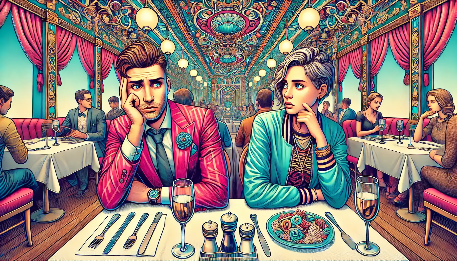 Two adults on a date in a busy restaurant looking overwhelmed, in a vibrant, detailed graphic novel style.